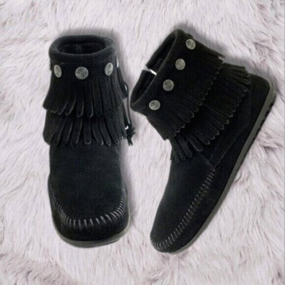 Minnetonka Double Fringe Suede Ankle Boots - Picture 4 of 12